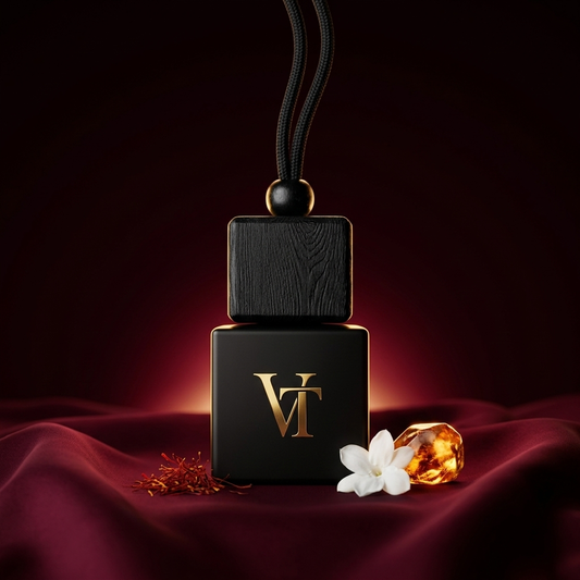 VT Autoparfum Flakon, Duft Carmison 540: Schwarzglas mit Holzdeckel am Rückspiegel, süß-warm mit Safran und Amberholz