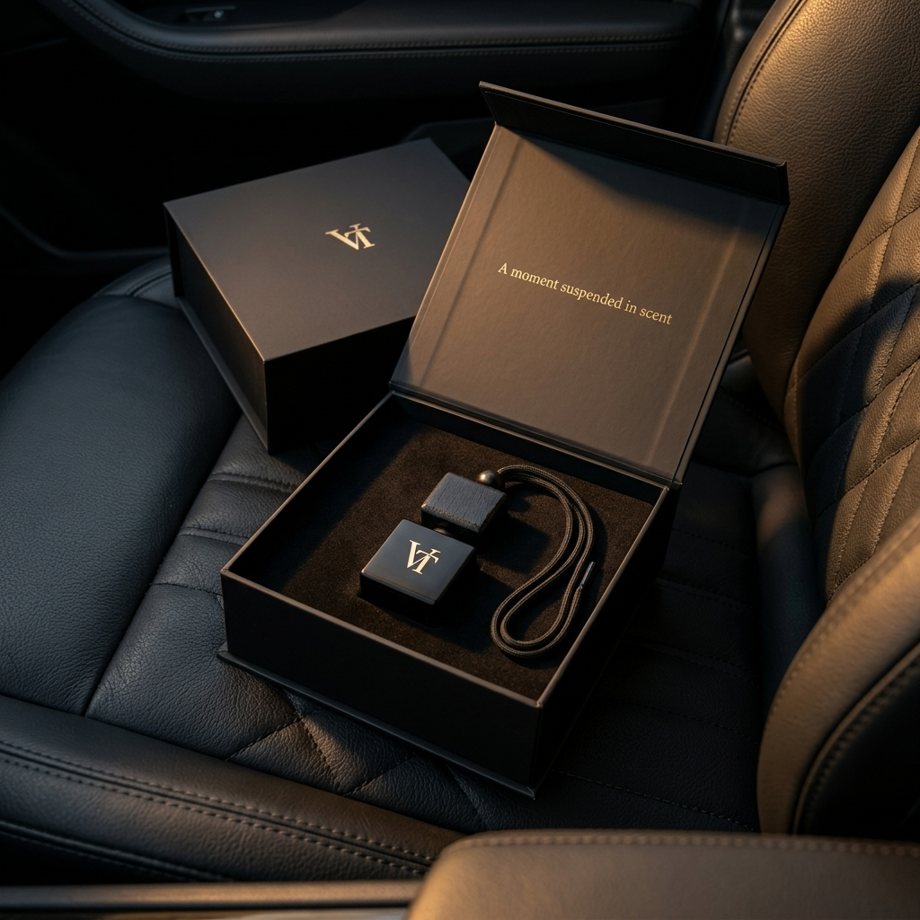Geöffnete VT Geschenkbox mit Flakon im Einleger, abgestellt auf dem Ledersitz im Fahrzeug