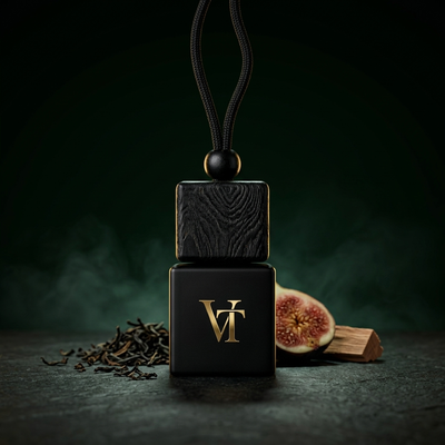 VT Autoparfum Flakon, Duft Noir 29: Schwarzglas mit Holzdeckel am Rückspiegel, herb mit schwarzem Tee und Vetiver