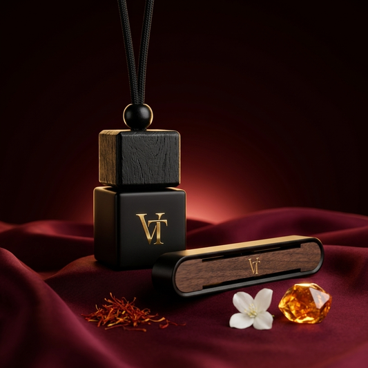VT Autoparfum Set, Duft Carmison 540: Flakon und Echtholz-Clip in der Geschenkbox, süß-warm mit Safran und Amberholz