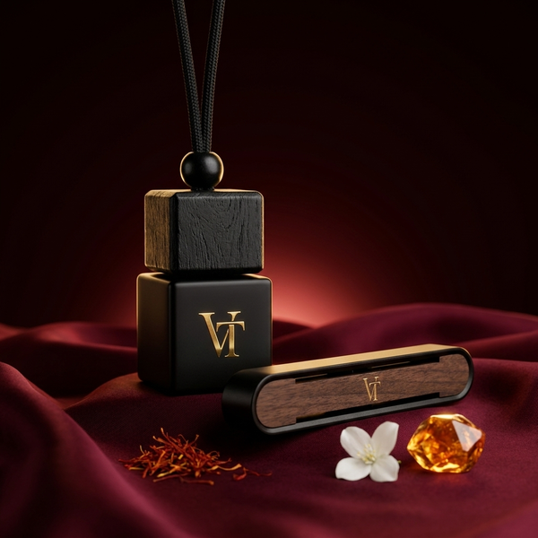VT Autoparfum Set, Duft Carmison 540: Flakon und Echtholz-Clip in der Geschenkbox, süß-warm mit Safran und Amberholz
