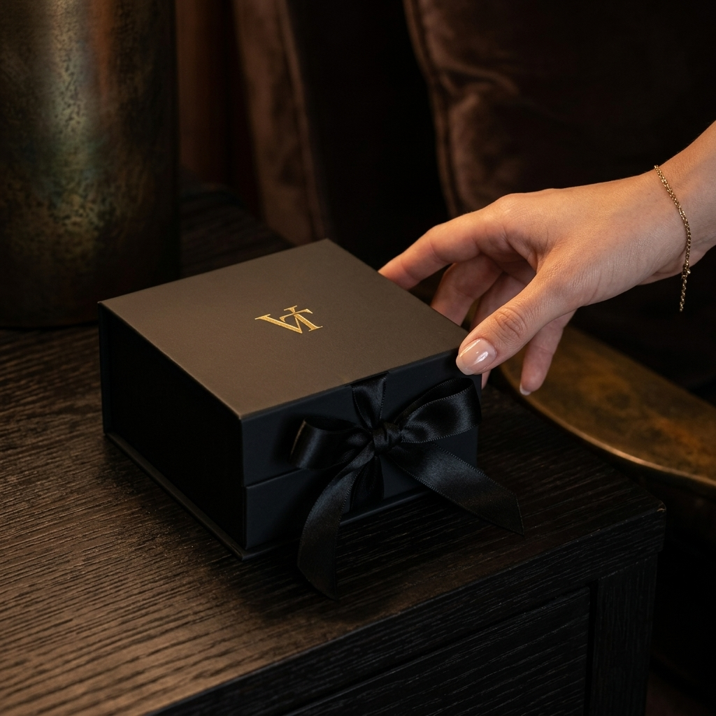 Hand öffnet die geschlossene VT Geschenkbox mit Schleife auf einem dunklen Holztisch