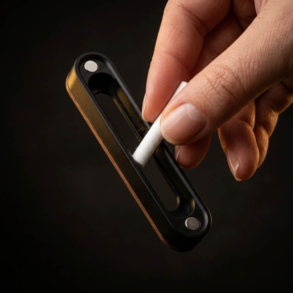 Hand setzt einen Nachfüll-Stick in den geöffneten VT Clip aus Echtholz ein, Nahaufnahme