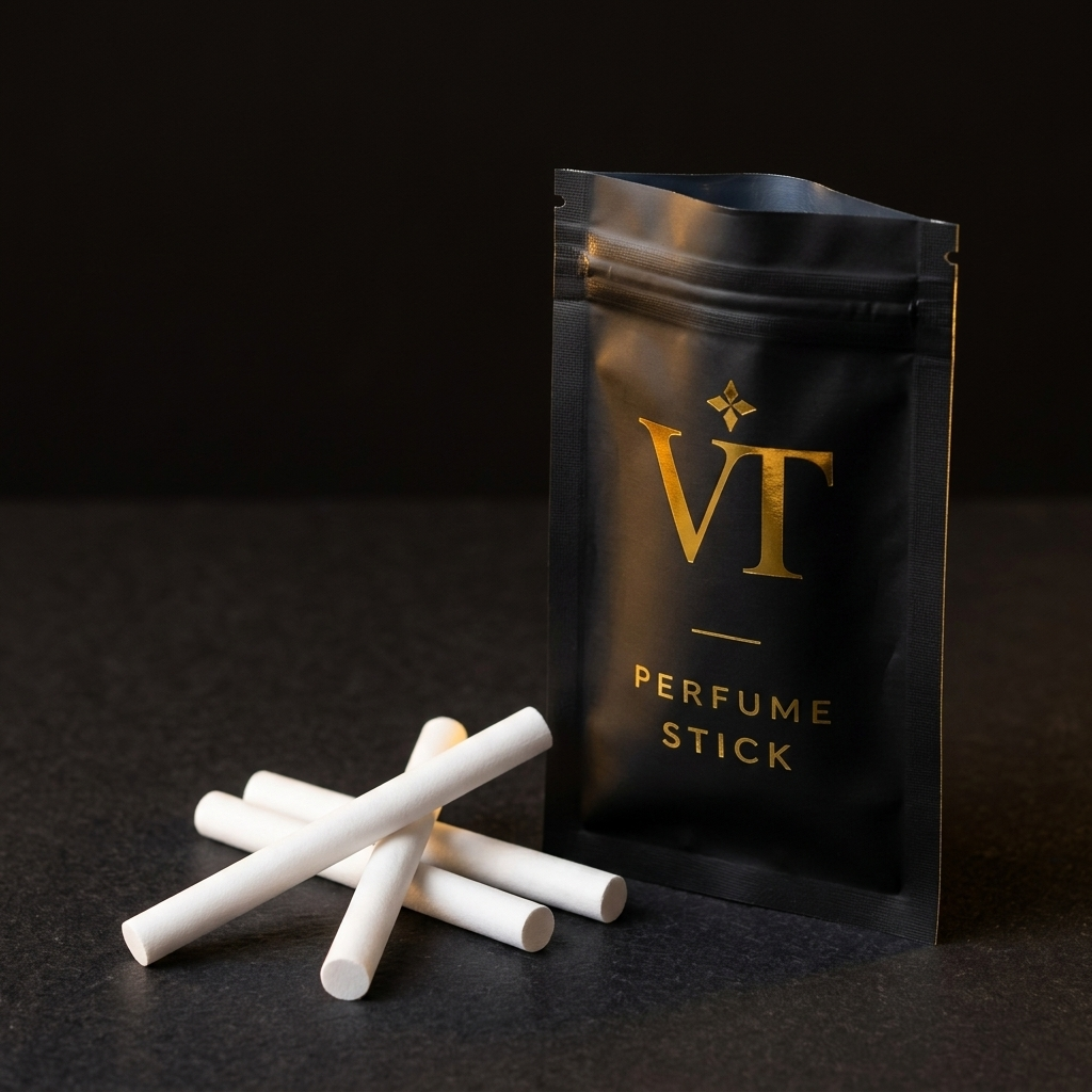 Zwei Nachfüll-Sticks vor dem Beutel mit dem Aufdruck PERFUME STICK auf dunkler Fläche