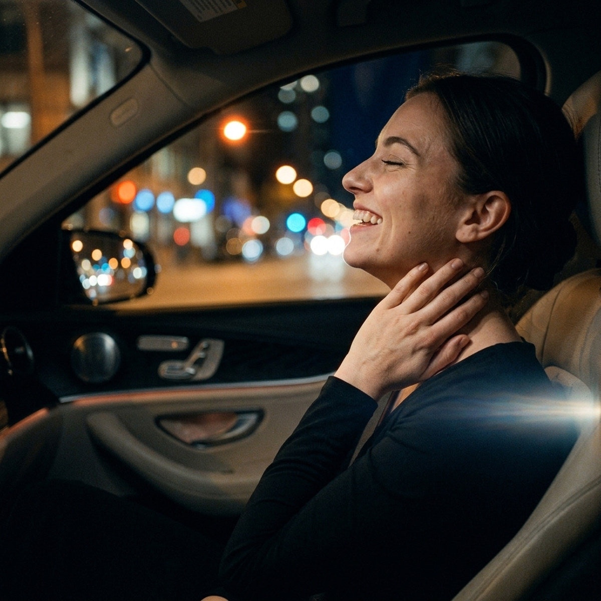 Frau lacht auf dem Beifahrersitz eines Autos, draußen unscharfe Stadtlichter bei Nacht.