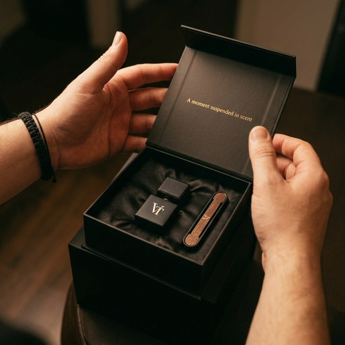 Zwei Hände öffnen eine schwarze Geschenkbox mit Flakon und Holzclip auf schwarzem Satin, im Deckel steht der Slogan in Gold.